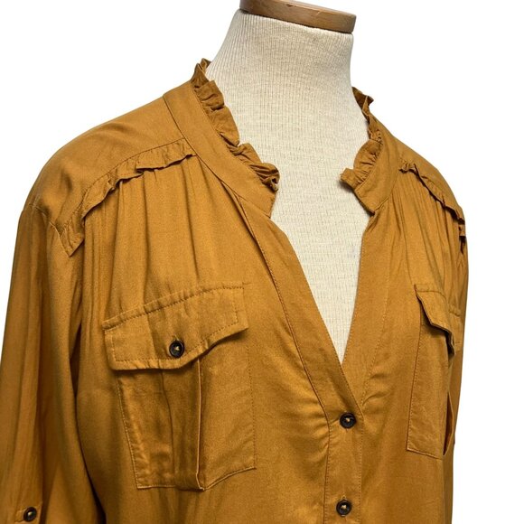 LARGE Sundance Gold Long Sleeve VNeck Ruffled Shirt Blouse - Picture 2 of 12